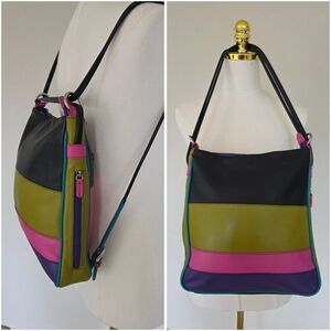 ili New York Convertible Leather Backpack Shoulder Bag Colorblock Rainbow RFID